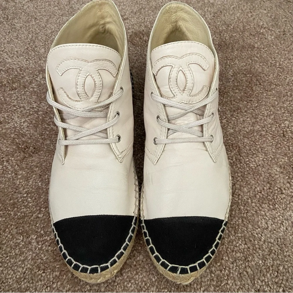 Chanel Two Tone Leather Canvas CC Logo Espadrille Lace Up High Top Sneakers